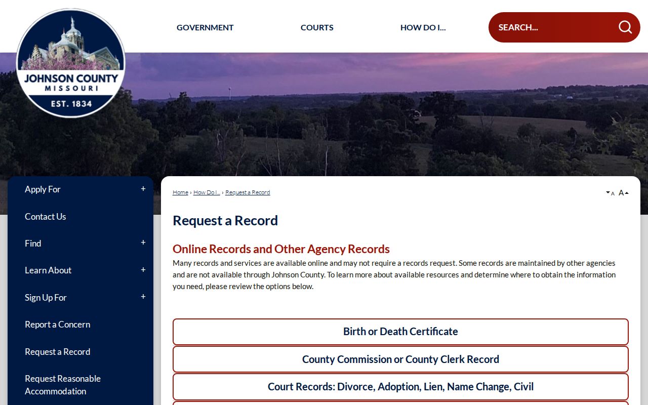 Johnson County court docket record request official source