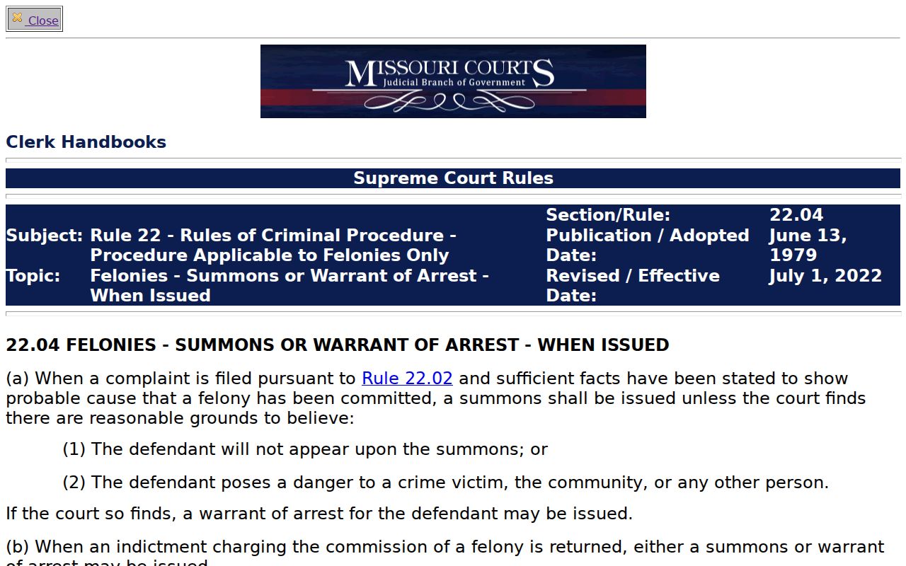 Johnson County court date record with official Missouri hearing and docket rule material