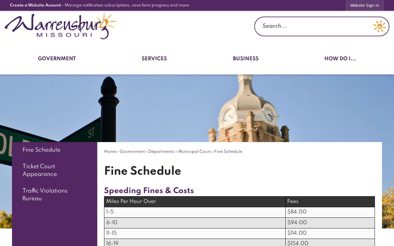 Johnson County Warrensburg court docket traffic fine schedule source page