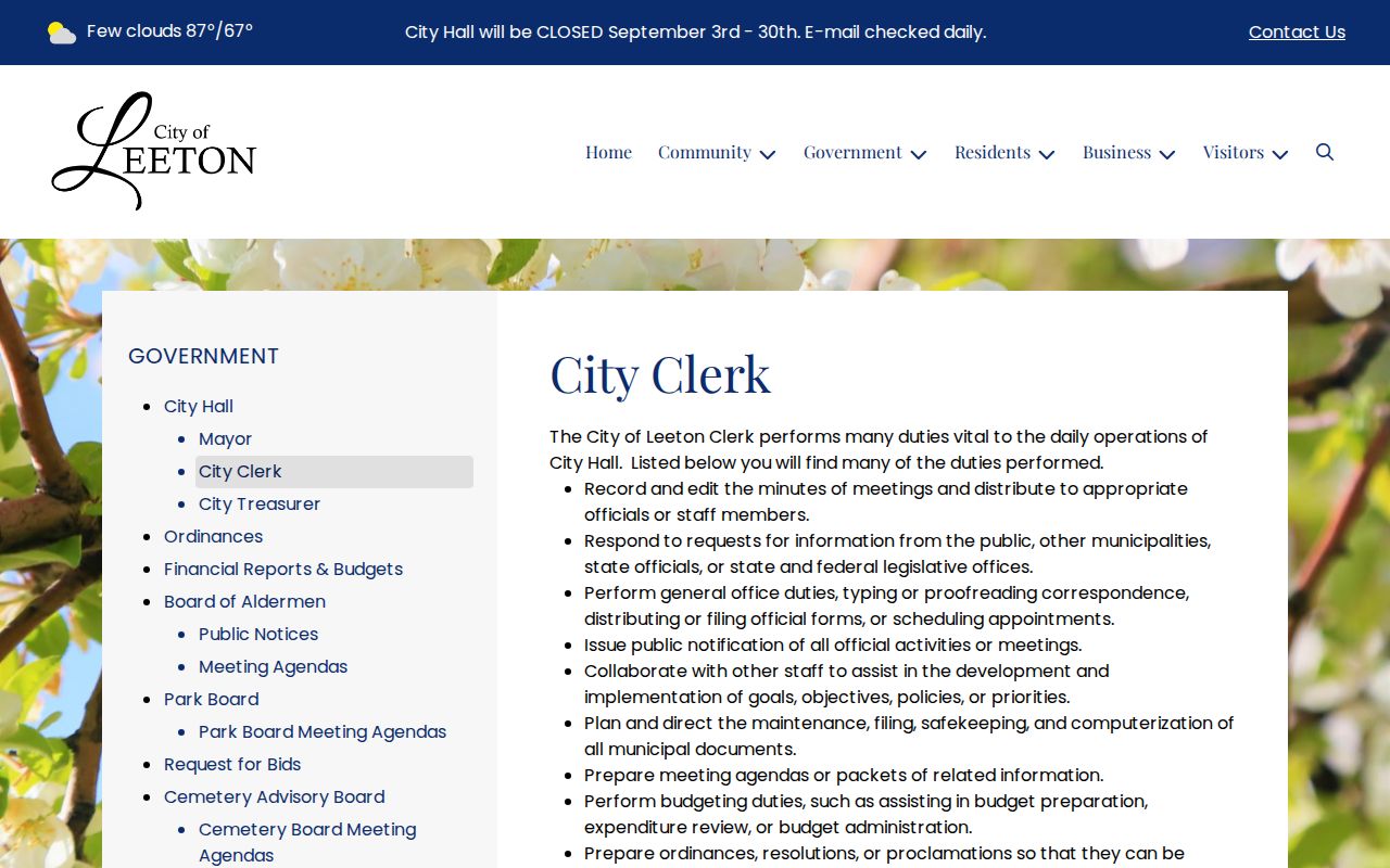 Johnson County Leeton court records and City Clerk ordinance documents